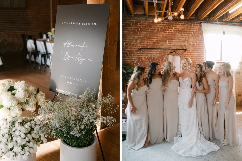 Wedding welcome sign and bride with bridesmaids at an indoor summer wedding reception in Kansas City MO