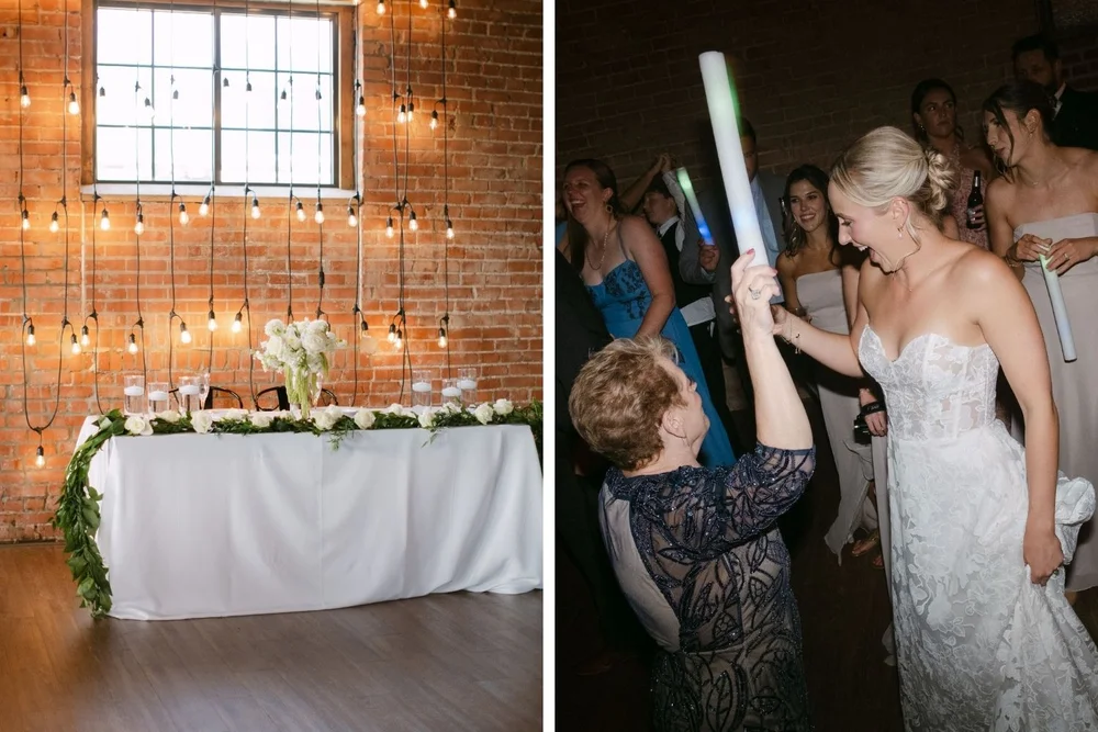Sweetheart table with string lights and wedding dance party at UNION reception venue in Kansas City MO