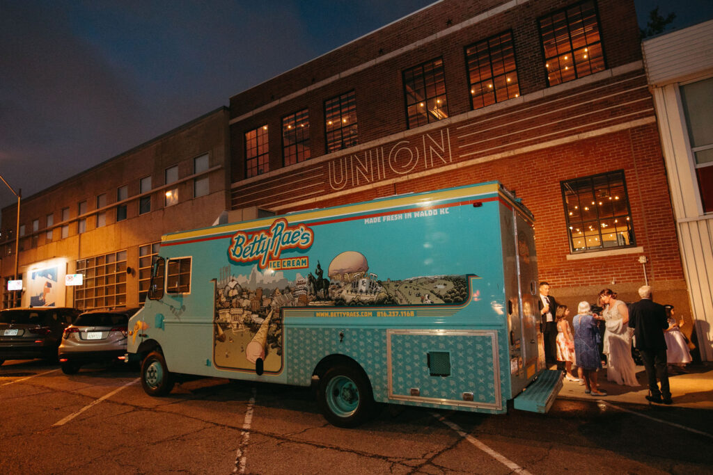A mobile ice cream truck, Betty Rae's, parked outside of UNION in downtown Kansas City, Missouri.
