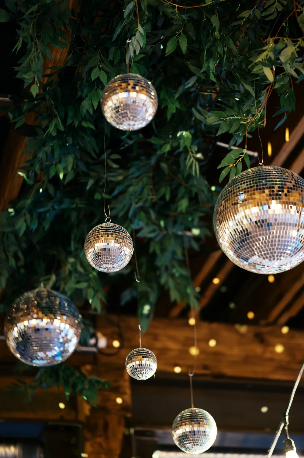 Disco ball and greenery display at UNION in Kansas City, MO