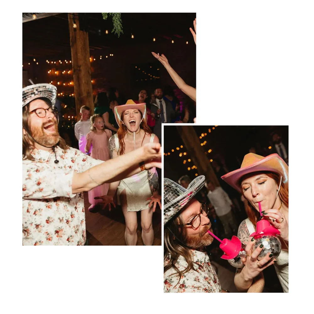 Collage of images of a bride and groom wearing cowboy hats and dancing during their wedding reception at UNION in Kansas City.