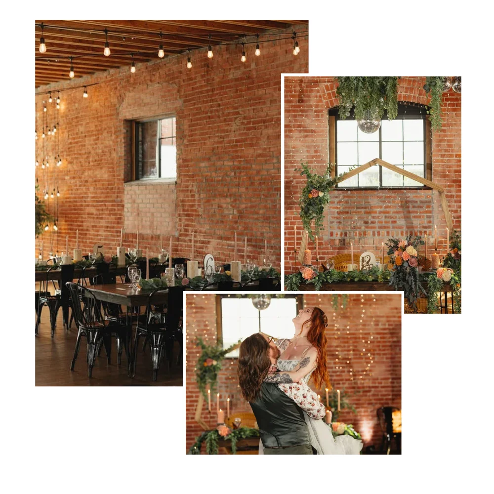 Collage of images including: Intimate wedding reception with tables and market lights set up at UNION in Kansas City, and Bride and groom standing next to their sweetheart table covered in greenery and earth-toned decor.