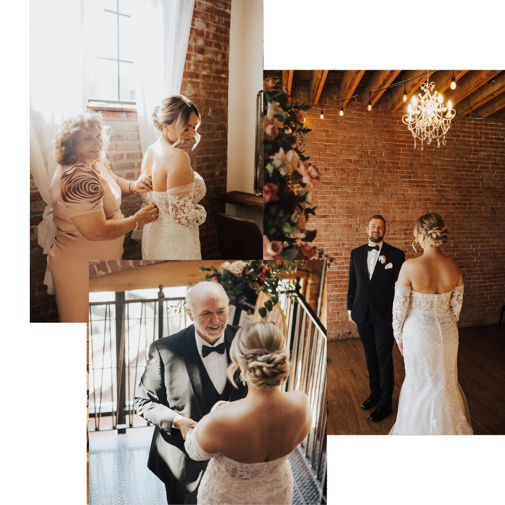 First look photos of bride with father and bride with groom at intimate fall wedding in Kansas City
