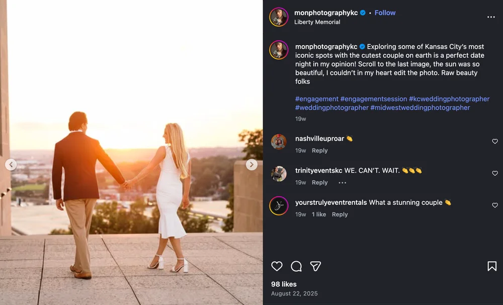 Urban engagement photo in downtown Kansas City shared by a local engagement photographer