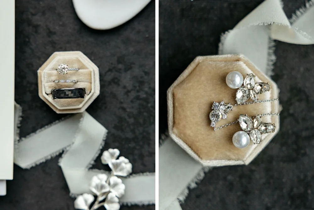 This is a collage of two images, one is of wedding rings and bridal jewelry detail