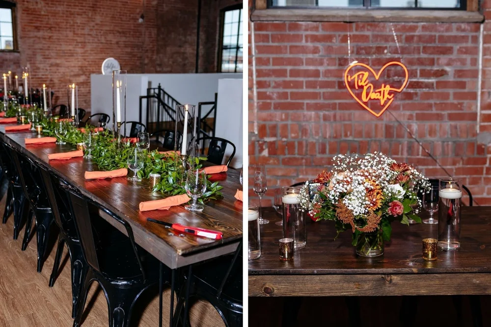 This is a collage of two images, one is of a wedding reception at UNION wedding venue in Kansas City with bright orange details, and the other is of a sweetheart table at the same wedding with a neon sign behind it on the brick reading 'til death.