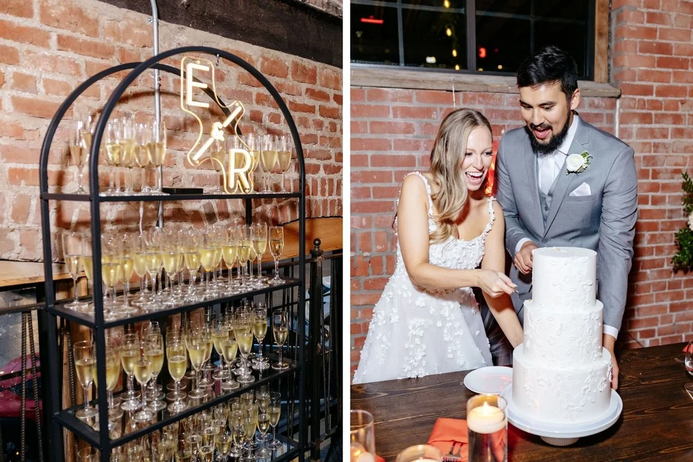 This is a collage of two images, one is of a black tiered shelf holding champagne glasses, and the other is of a couple cutting wedding cake at UNION Kansas City wedding venue