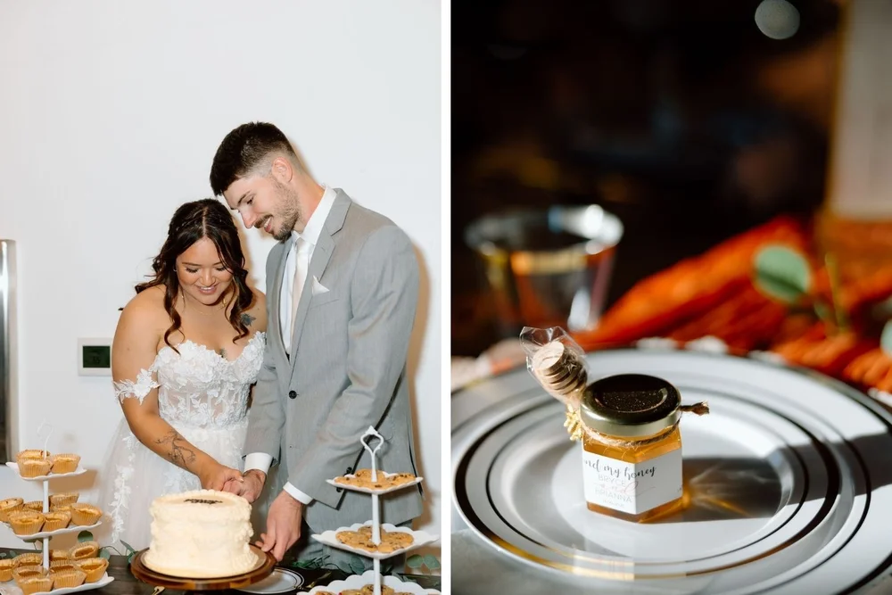 Two images side by side: one of a bride and groom cutting their wedding cake, and the other of a reception place setting with a small jar of honey as a favor